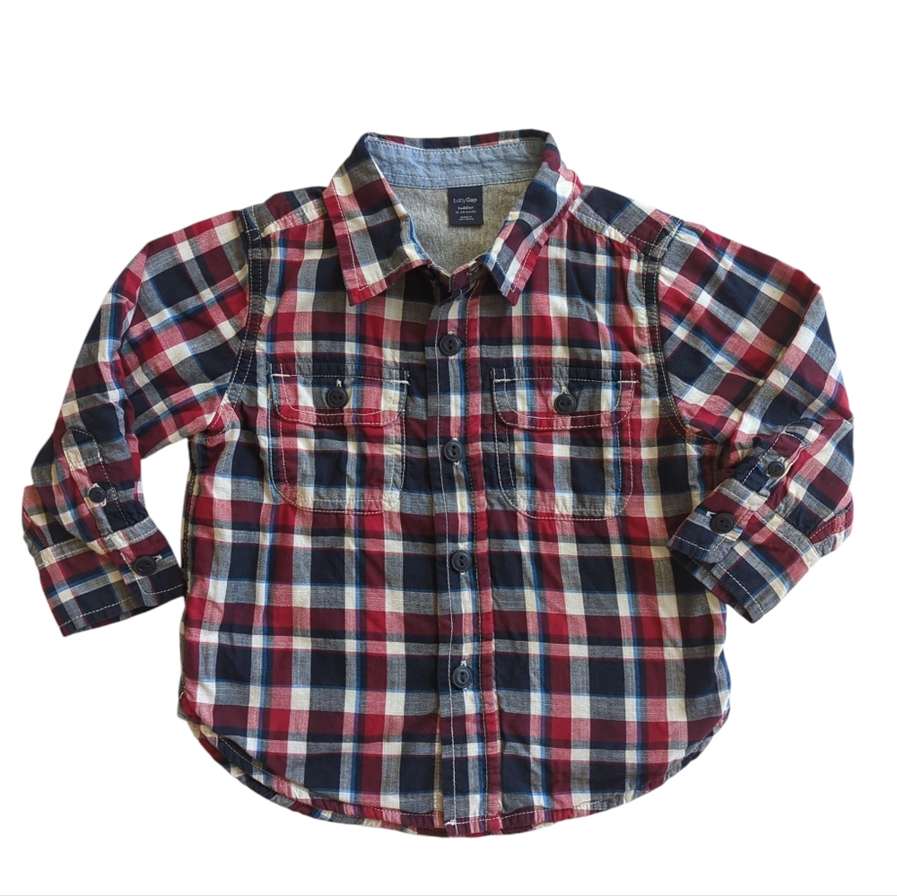Baby Gap Plaid Lined Long Sleeve Button Down Shirt Toddler 18-24 Months Red Blue - Picture 1 of 12